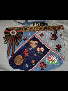 Custom Gucci + Multicolor Embroidered Denim Patchwork Tote with Signature Bow